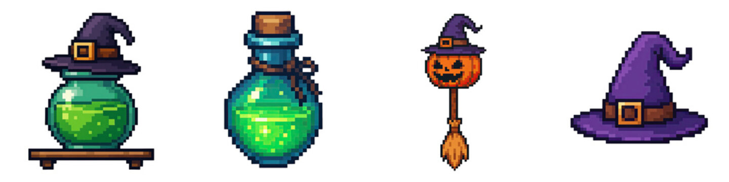 Halloween pixel art features witch hat potion bottle pumpkin broomstick and magic elements charming pixel style perfect for spooky themed projects