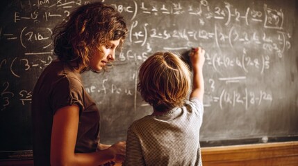 Teacher helping young student solve math equations on a chalkboard in classroom, symbolizing education, learning, guidance, and academic growth.
