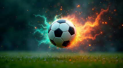 Fototapeta premium Soccer ball with contrasting teal and orange energy bursts on a grassy field football sport