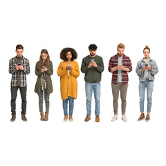 Obraz premium Diverse group engrossed in smartphones, showcasing modern connection and digital engagement with technology