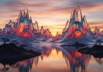 Abstract landscape featuring crystalline mountains reflecting in water under a vibrant sunset sky with orange, blue, and purple hues.