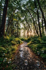 Fototapeta premium Sunlit forest path with bubbles