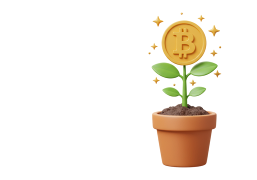 Isolated Bitcoin Investment Growth Concept with a Crypto Coin Plant in a Pot - Powered by Adobe