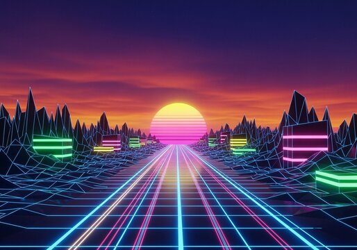 A vibrant, retro-futuristic digital landscape with a glowing grid road leading towards a radiant sunset, flanked by neon-lit geometric structures and stylized mountain peaks.