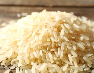 Pile of uncooked rice on a wooden surface