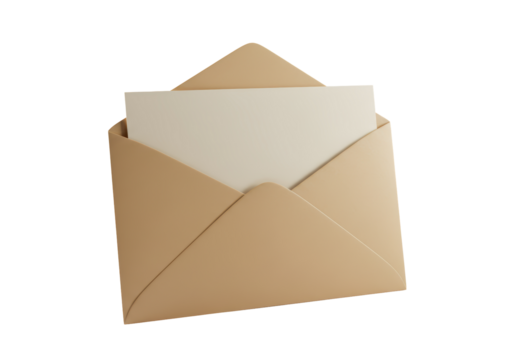 Isolated 3D Render of Open Brown Envelope with Blank White Paper Inside