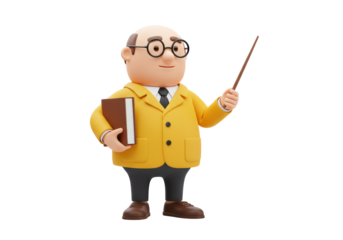 Isolated 3D Render of a Cartoon Male Teacher Character Holding a Book and Pointer Stick