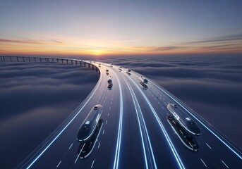Elevated highway with futuristic vehicles driving above the clouds during a vibrant sunset, showcasing innovation and modern transportation.