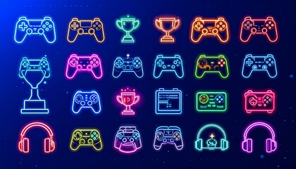 Neon-colored gaming icons on dark background