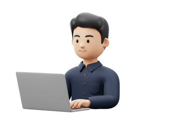 Isolated 3D Render of a Male Character Working on a Laptop, Representing Online Work or Education