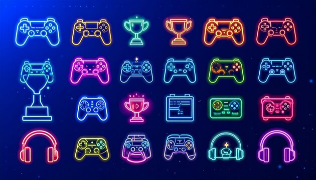 Neon-colored gaming icons on dark background