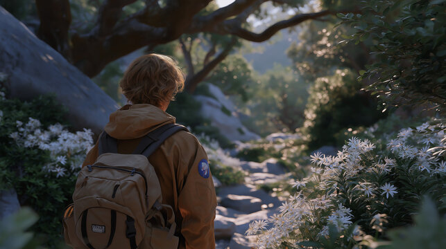 A man hiking on a forest trail with wildflowers and fallen leaves - Powered by Adobe