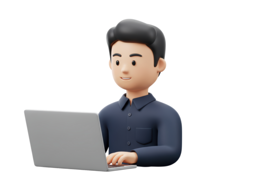 Isolated 3D Render of a Male Character Working on a Laptop, Representing Online Work or Education