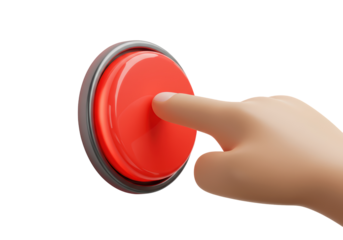 Isolated 3D Render of a Hand Pressing a Large Red Button, Representing Action or Emergency