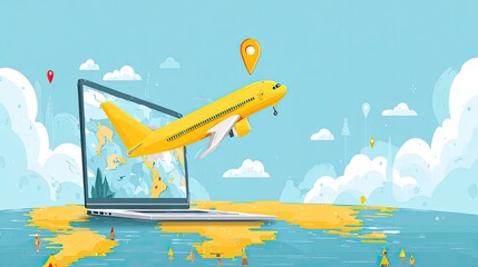 Pixel Art Illustration Of A Yellow Airplane Taking Off From A Computer Screen On A Sandy Beach, Representing Online Travel Booking And Summer