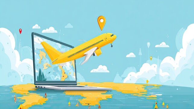 Pixel Art Illustration Of A Yellow Airplane Taking Off From A Computer Screen On A Sandy Beach, Representing Online Travel Booking And Summer