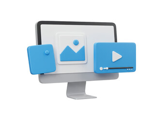Isolated 3D Render of a Desktop Computer Displaying Image and Video Content Icons