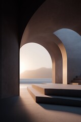 Fototapeta premium Serene sunset view through arched architecture by the sea