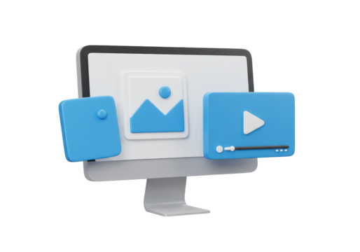 Isolated 3D Render of a Desktop Computer Displaying Image and Video Content Icons