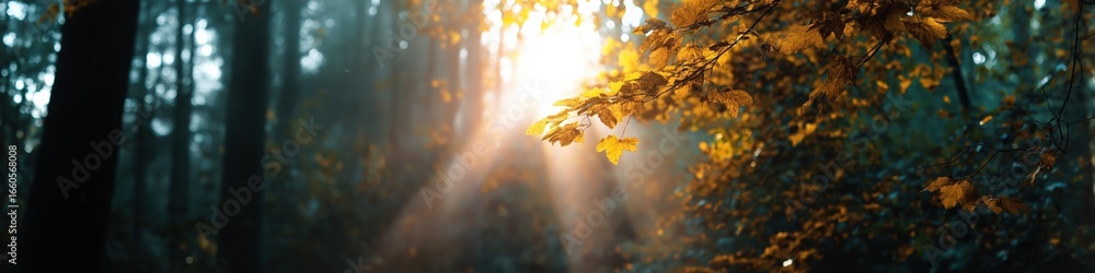 Poster sunlight filtering through autumn leaves in a tranquil forest setting