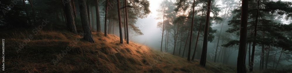 Poster serene misty forest at dawn with sunlight filtering through trees