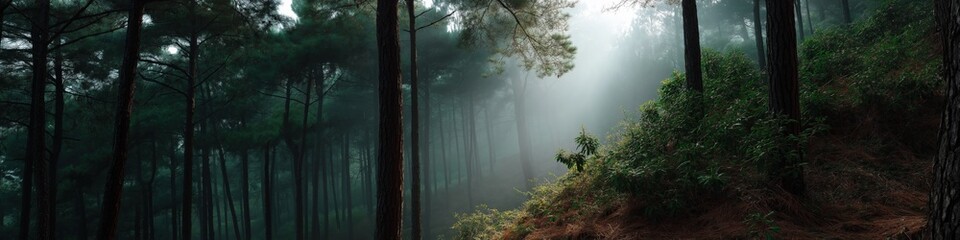 Fototapeta premium Misty forest morning: sunlight through pines and verdant underbrush
