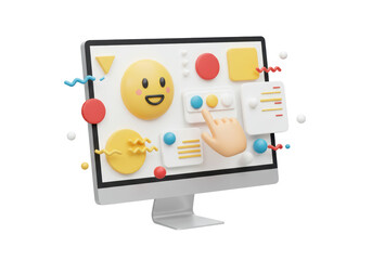 Isolated 3D Render of a Desktop Monitor with a Touch Interface Displaying Creative Elements and Happy Emoji