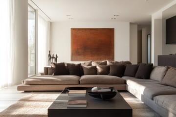 Spacious Modern Living Room with Large Sofa: Contemporary Indoor Style and Elegant Wall DÃ©cor