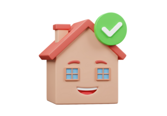 Isolated 3D Render of a Happy House with a Green Checkmark, Representing Successful Homeownership