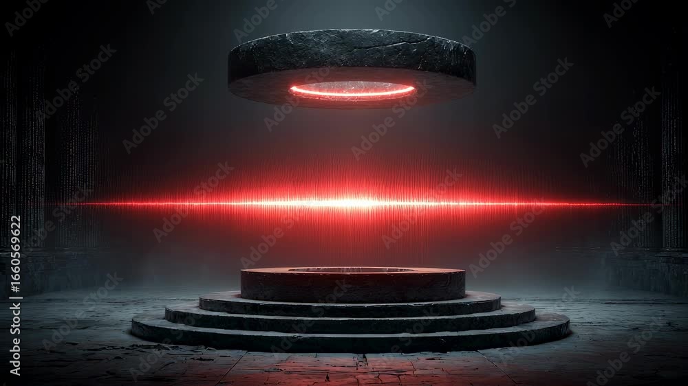 Poster futuristic platform with glowing red light beam in dark space. sci-fi technology concept. mysterious