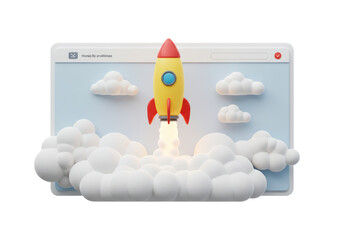 Isolated 3D Render of a Rocket Launching from a Web Browser Interface with Clouds, Representing Startup or Innovation