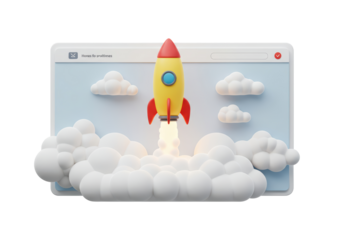 Isolated 3D Render of a Rocket Launching from a Web Browser Interface with Clouds, Representing Startup or Innovation