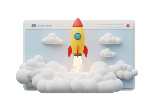 Isolated 3D Render of a Rocket Launching from a Web Browser Interface with Clouds, Representing Startup or Innovation