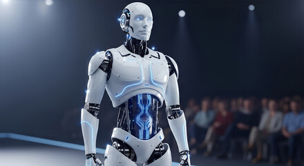 Futuristic robot standing on stage giving a presentation Ai concept