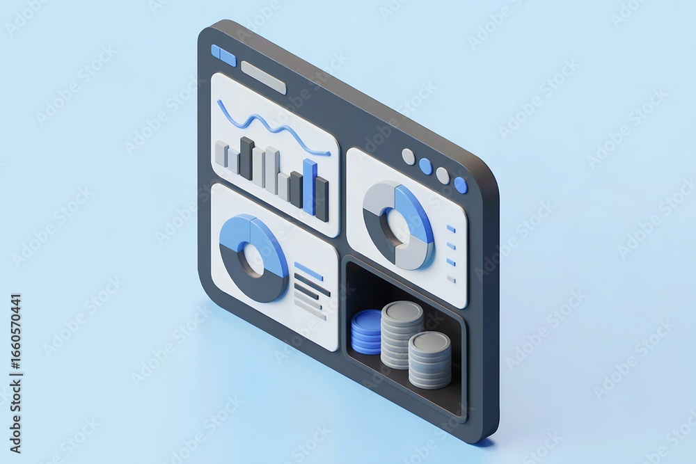 Fototapete 3d render of a digital dashboard displaying various business analytics charts, graphs, and financial