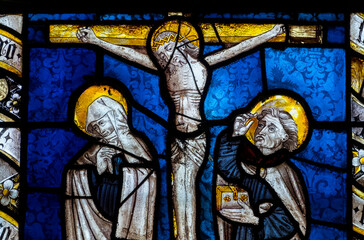 Jesus Christ crucified represented with Marie and Saint John