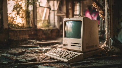 Old desktop computer with CRT monitor and keyboard in an abandoned building, dusty interior with warm sunlight—concept of obsolete technology, e-waste, decay, and nostalgia.
