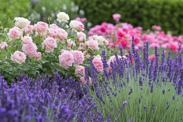 Fototapeta premium Elegant Lavender Roses: A Blooming Bed of Sage-Infused Petals in Soft Purples and Whites