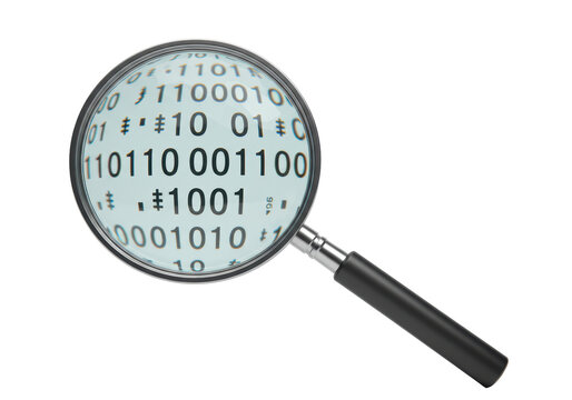 Isolated Magnifying Glass Examining Binary Code for Data Analysis