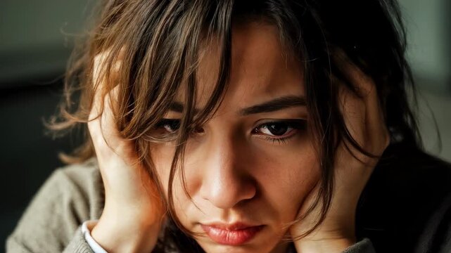 Female PTSD concept: traumatized woman in emotional stress with disheveled hair, presses hands to face