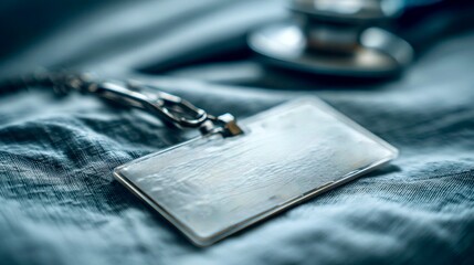 Blank ID badge with clip on medical uniform fabric, stethoscope in soft focus—concept of hospital access, identity, and healthcare staff.