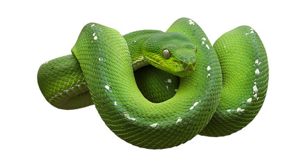 Emerald Tree Boa Snake Coiled With White Spots Against a Transparent Background, python reptile