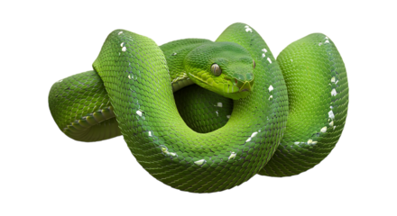 Emerald Tree Boa Snake Coiled With White Spots Against a Transparent Background, python reptile