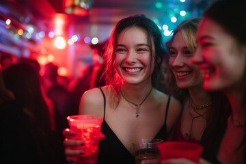 Young woman laughing happily while holding a red cup with friends at a nightclub during a party for entertainment and social gathering.