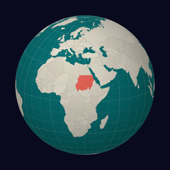 Sudan on the map. Globe centered to Sudan. Country location on the world map. Teal Pale Mint color palette. Globe with countries, meridians and parallels. Amazing vector illustration.