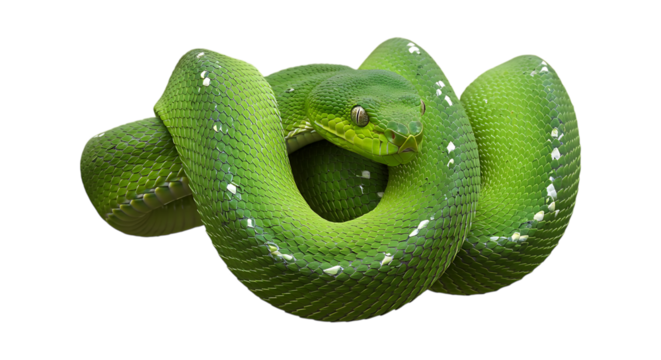 Emerald Tree Boa Snake Coiled With White Spots Against a Transparent Background, python reptile