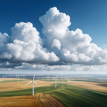 Fototapeta Wind turbines dot the landscape under a dramatic sky. Represents clean energy, sustainability,  technology. Ideal for environment, business,  innovation themes.