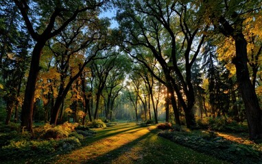 Naklejka premium Sunlight streams through a tranquil forest path