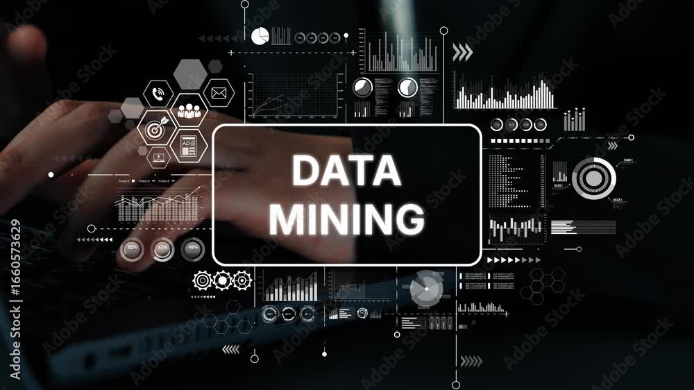 Poster modern data mining concept with graphics and hands on laptop in professional environment. asymptotic