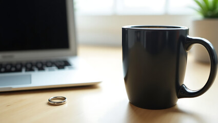 Black mug, laptop, and ring on a desk in a bright and modern office